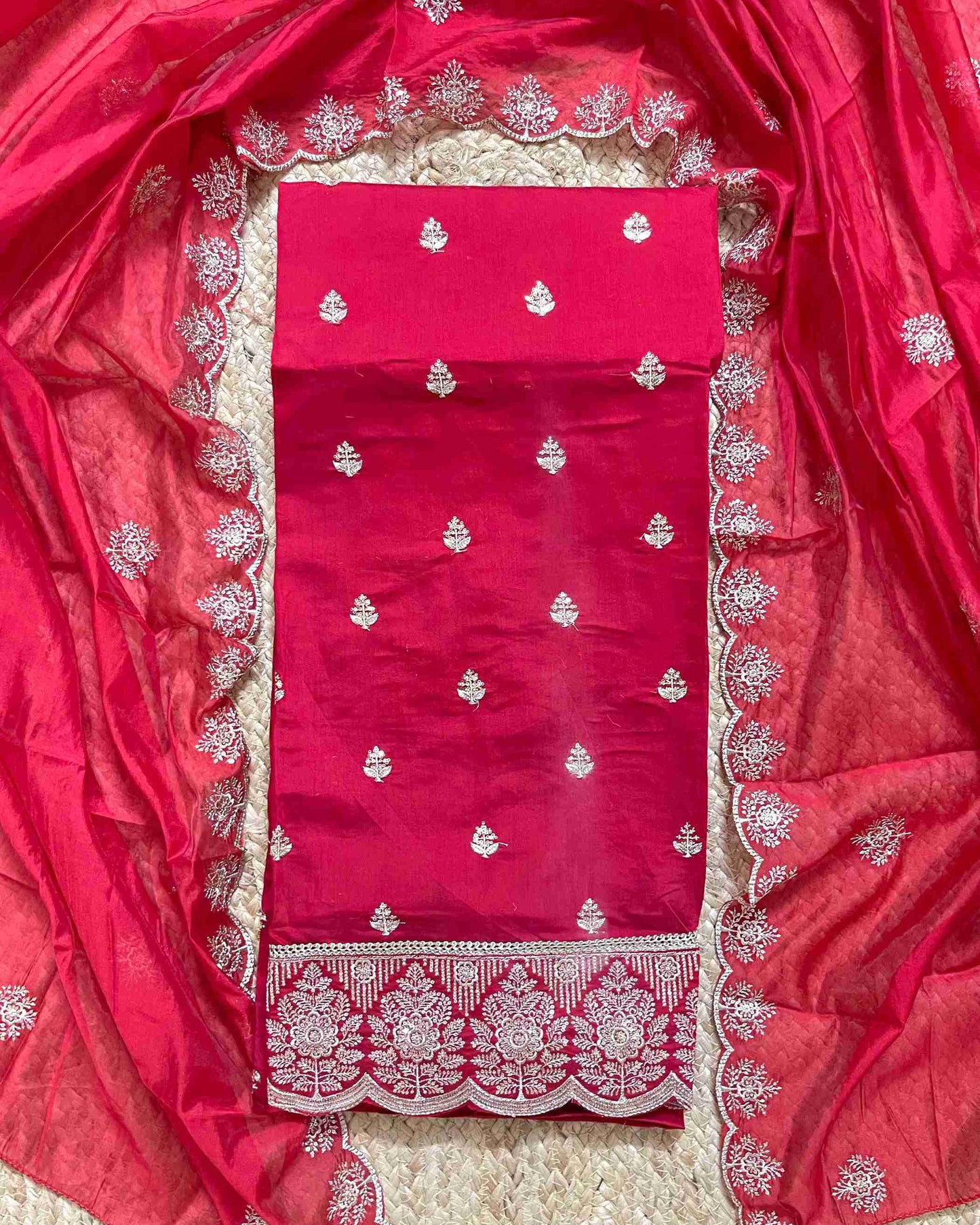 Premium Festive Embroidered Silk Unstitched Suit Set - Red