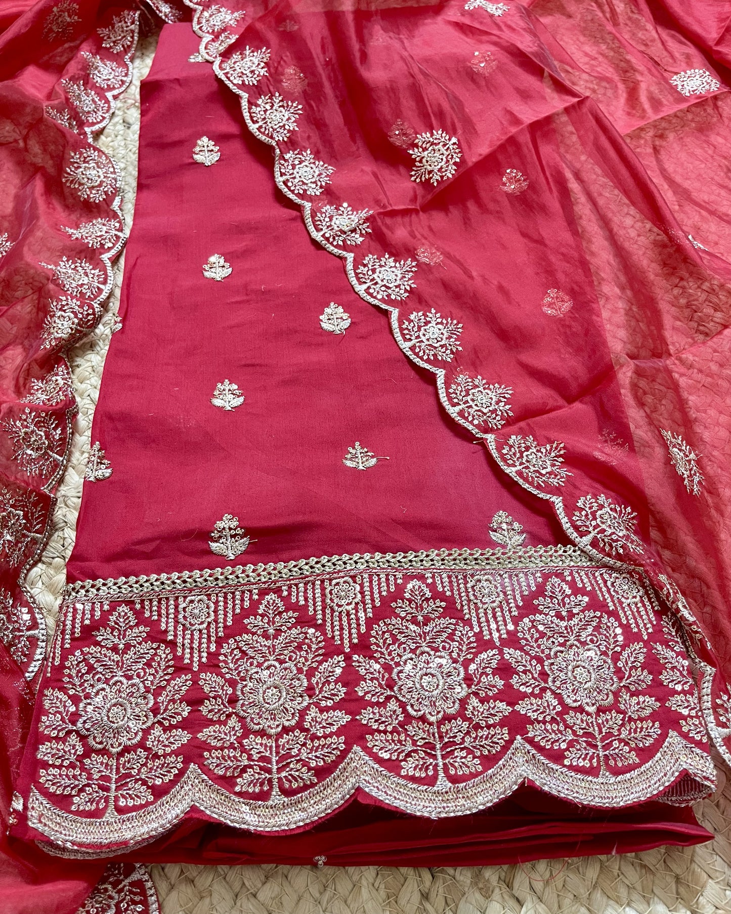 Premium Festive Embroidered Silk Unstitched Suit Set - Red