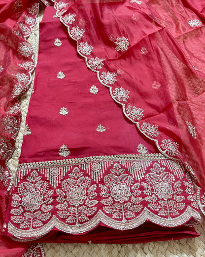 Premium Festive Embroidered Silk Unstitched Suit Set - Red