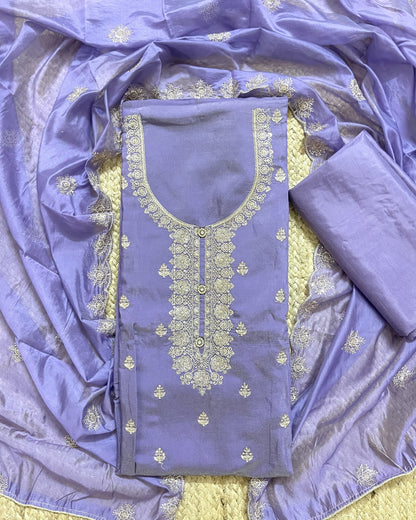 Premium Festive Embroidered Silk Unstitched Suit Set - Lavender