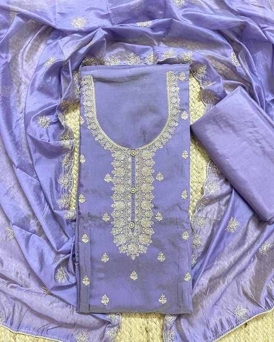 Premium Festive Embroidered Silk Unstitched Suit Set - Lavender