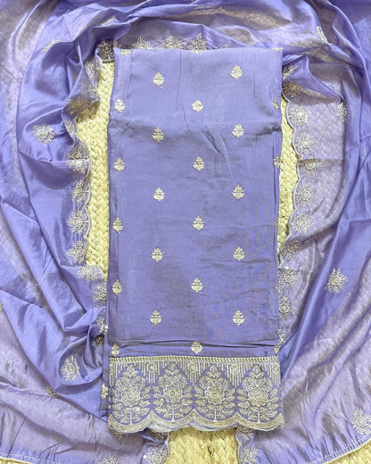 Premium Festive Embroidered Silk Unstitched Suit Set - Lavender