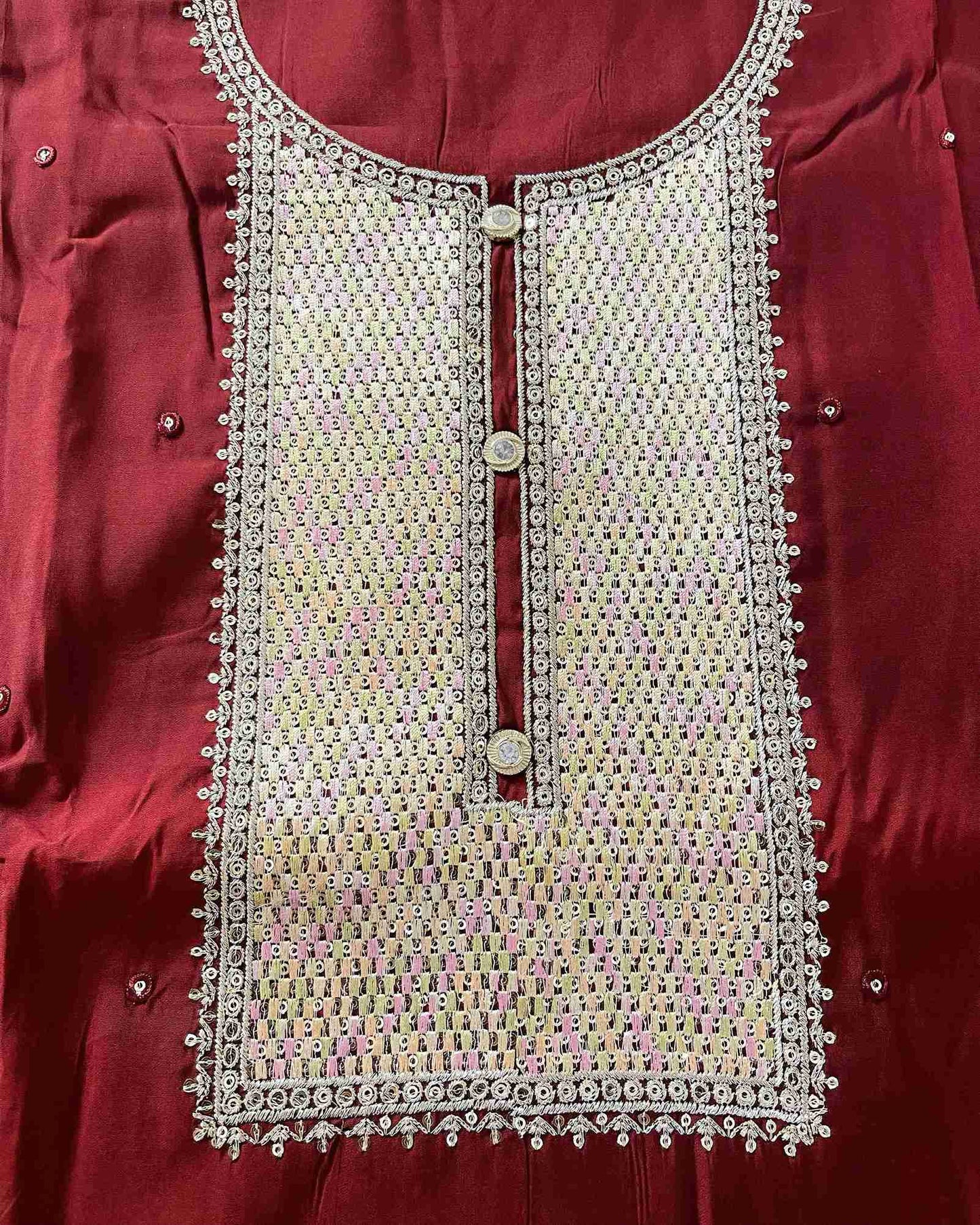 Designer 3-Piece Embroidered Suit Set with Handcrafted Neck Panel & Embellished Chiffon Dupatta- Red