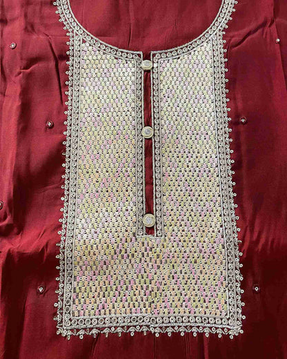 Designer 3-Piece Embroidered Suit Set with Handcrafted Neck Panel & Embellished Chiffon Dupatta- Red