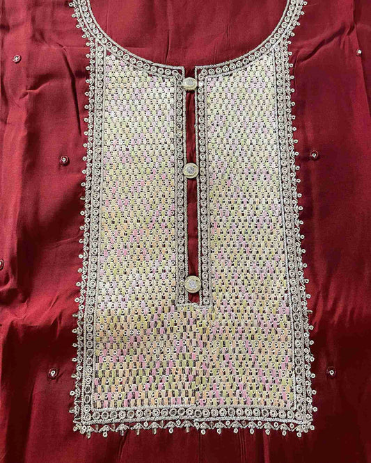 Designer 3-Piece Embroidered Suit Set with Handcrafted Neck Panel & Embellished Chiffon Dupatta- Red
