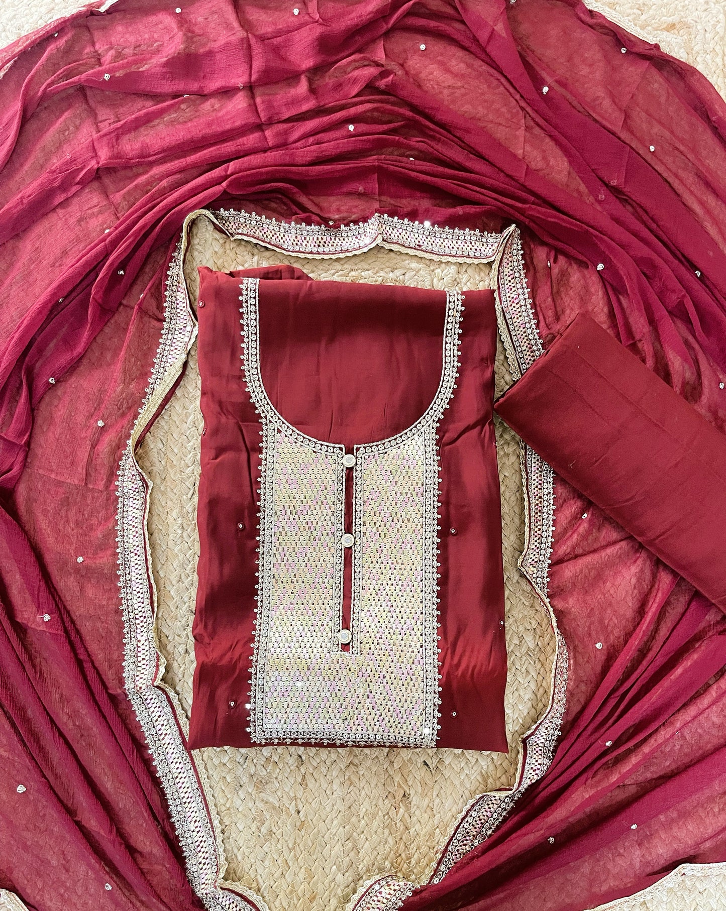 Designer 3-Piece Embroidered Suit Set with Handcrafted Neck Panel & Embellished Chiffon Dupatta- Red