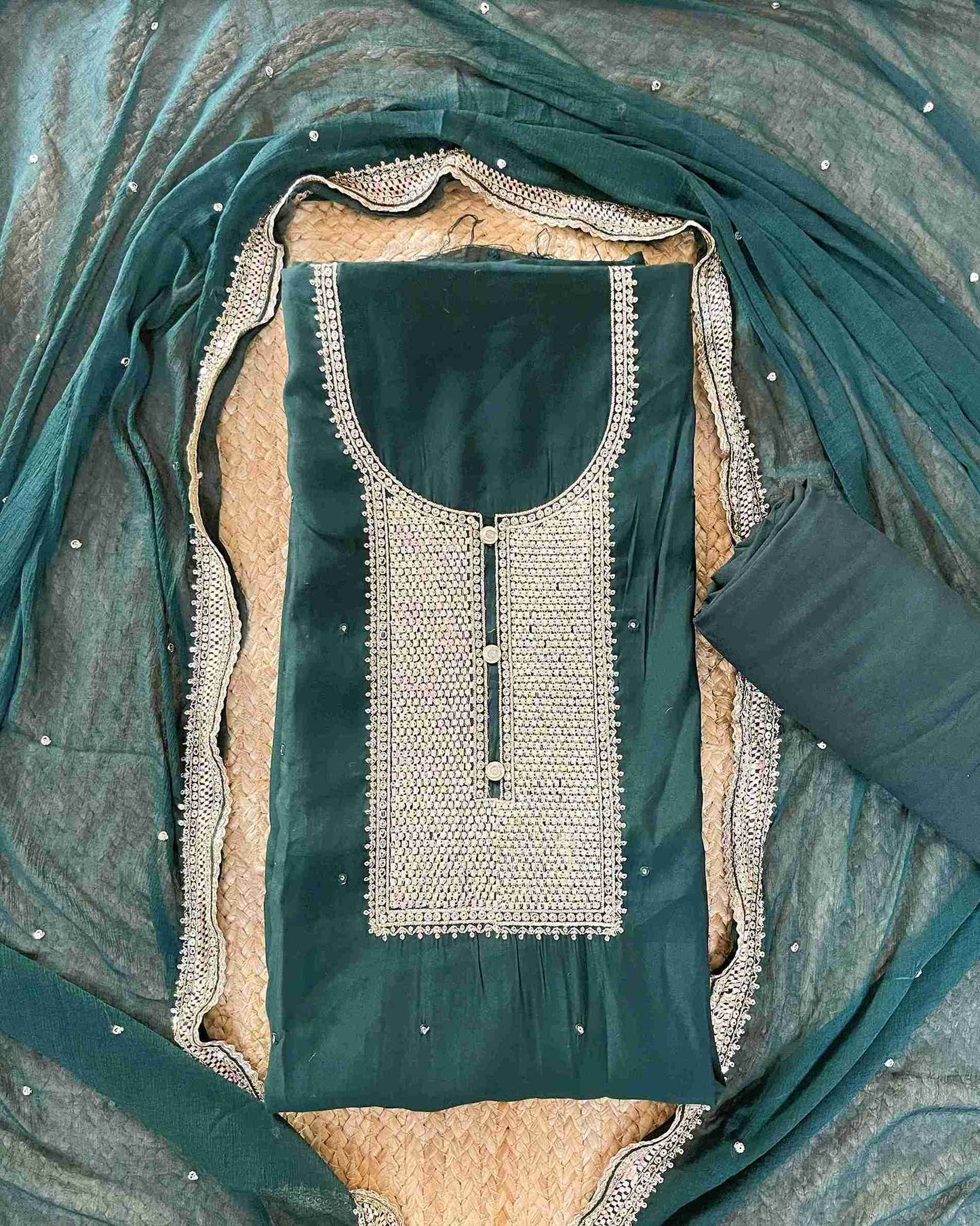 Designer 3-Piece Embroidered Suit Set with Handcrafted Neck Panel & Embellished Chiffon Dupatta - Green