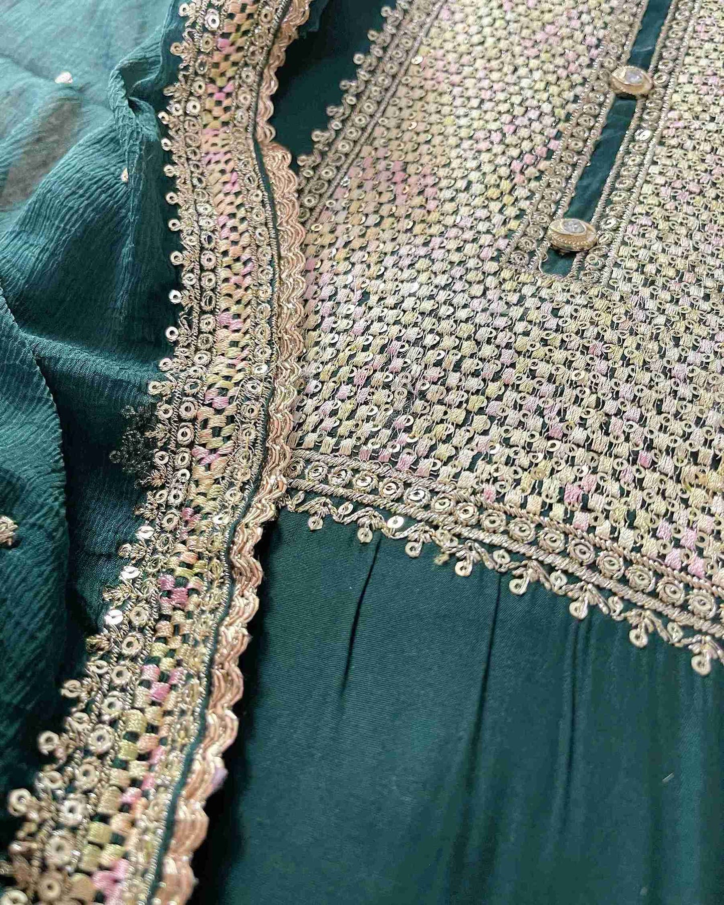 Designer 3-Piece Embroidered Suit Set with Handcrafted Neck Panel & Embellished Chiffon Dupatta - Green
