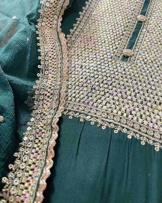 Designer 3-Piece Embroidered Suit Set with Handcrafted Neck Panel & Embellished Chiffon Dupatta - Green
