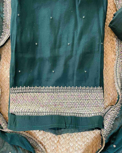 Designer 3-Piece Embroidered Suit Set with Handcrafted Neck Panel & Embellished Chiffon Dupatta - Green