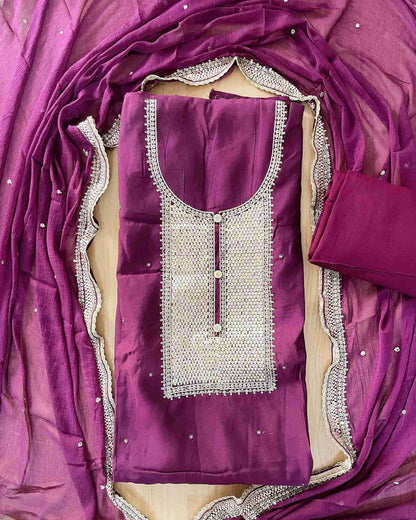 Designer 3-Piece Embroidered Suit Set with Handcrafted Neck Panel & Embellished Chiffon Dupatta - Wine