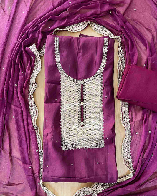 Designer 3-Piece Embroidered Suit Set with Handcrafted Neck Panel & Embellished Chiffon Dupatta - Wine