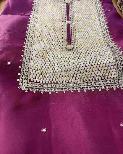 Designer 3-Piece Embroidered Suit Set with Handcrafted Neck Panel & Embellished Chiffon Dupatta - Wine