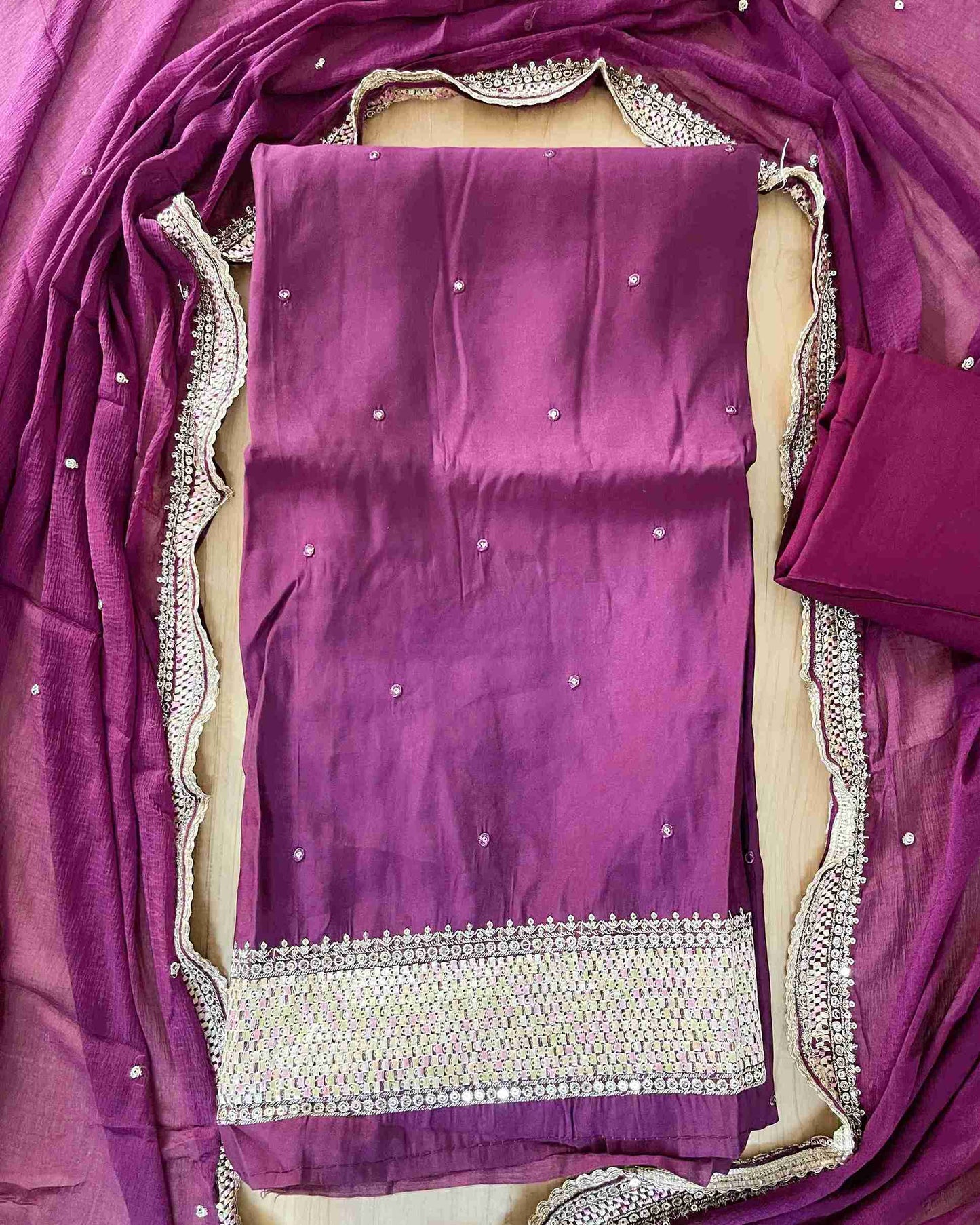 Designer 3-Piece Embroidered Suit Set with Handcrafted Neck Panel & Embellished Chiffon Dupatta - Wine