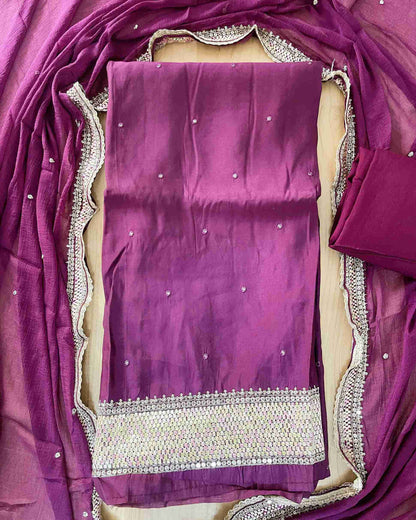 Designer 3-Piece Embroidered Suit Set with Handcrafted Neck Panel & Embellished Chiffon Dupatta - Wine