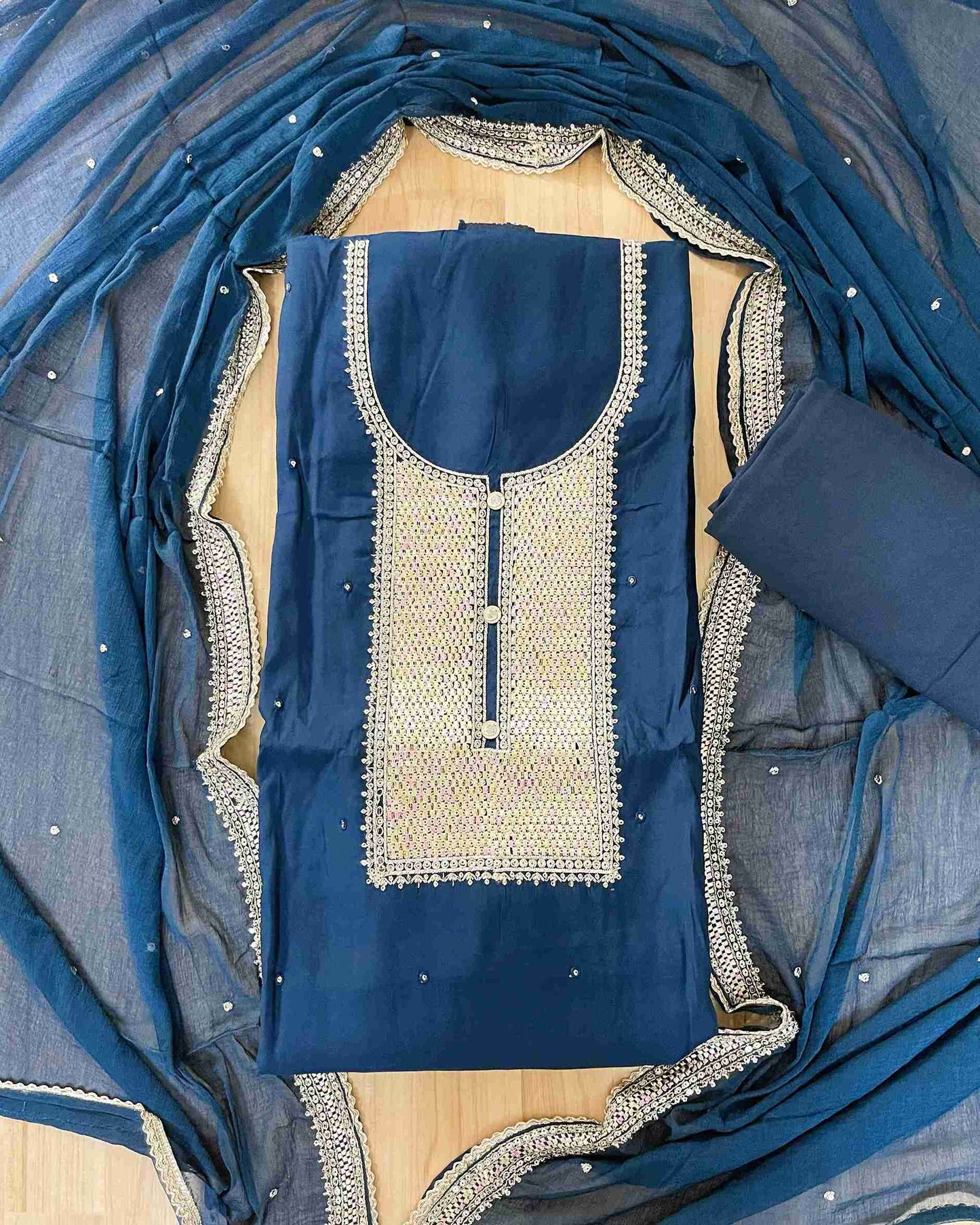 Designer 3-Piece Embroidered Suit Set with Handcrafted Neck Panel & Embellished Chiffon Dupatta - Blue