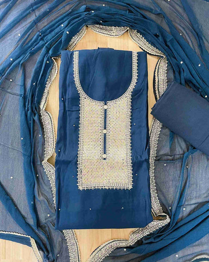 Designer 3-Piece Embroidered Suit Set with Handcrafted Neck Panel & Embellished Chiffon Dupatta - Blue