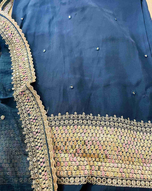 Designer 3-Piece Embroidered Suit Set with Handcrafted Neck Panel & Embellished Chiffon Dupatta - Blue