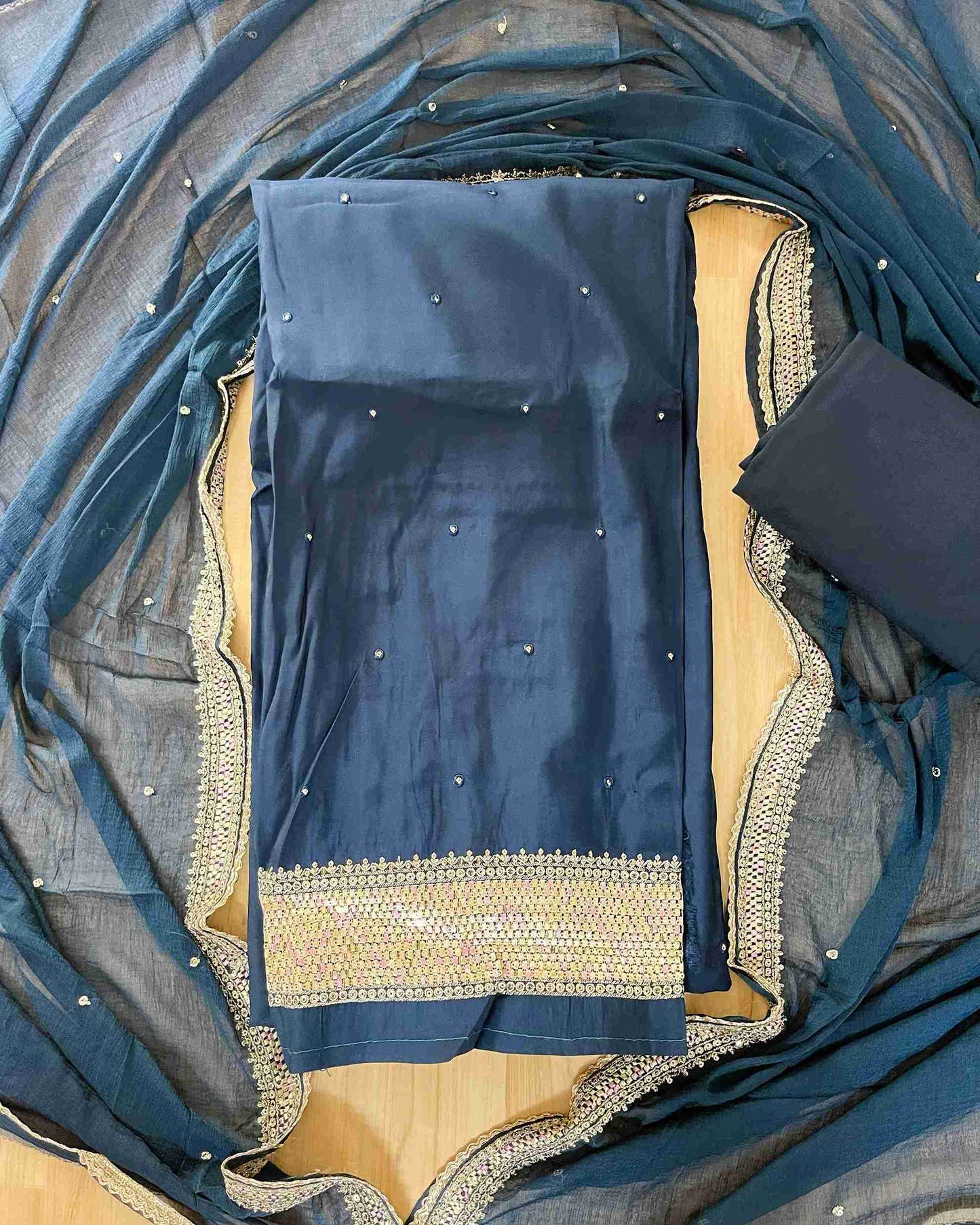 Designer 3-Piece Embroidered Suit Set with Handcrafted Neck Panel & Embellished Chiffon Dupatta - Blue