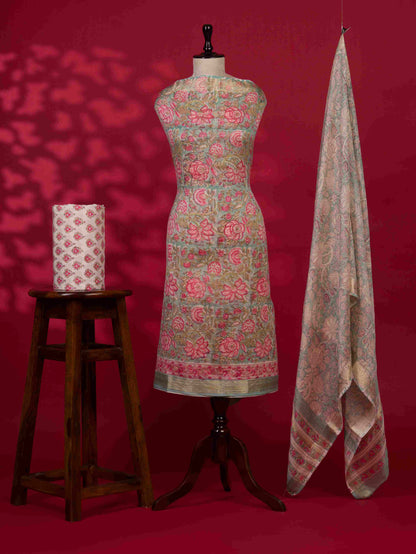 Sanganeri printed Maheshwari Silk Suit Set