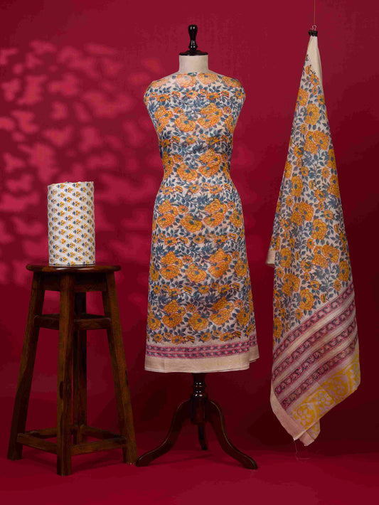 Sanganeri printed Maheshwari Silk Suit Set
