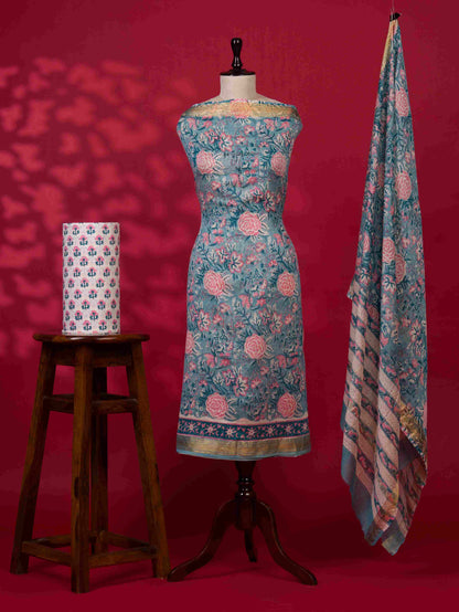 Sanganeri printed Maheshwari Silk Suit Set