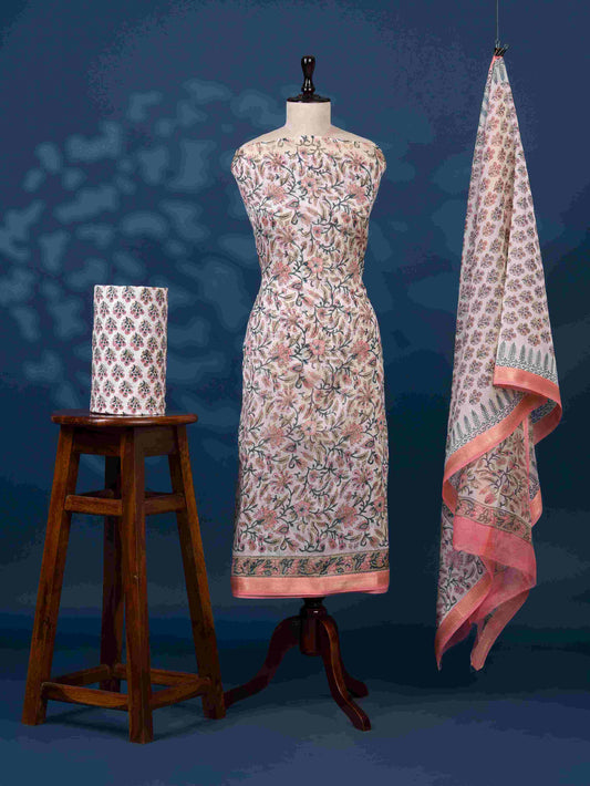 Sanganeri printed Maheshwari Silk Suit Set