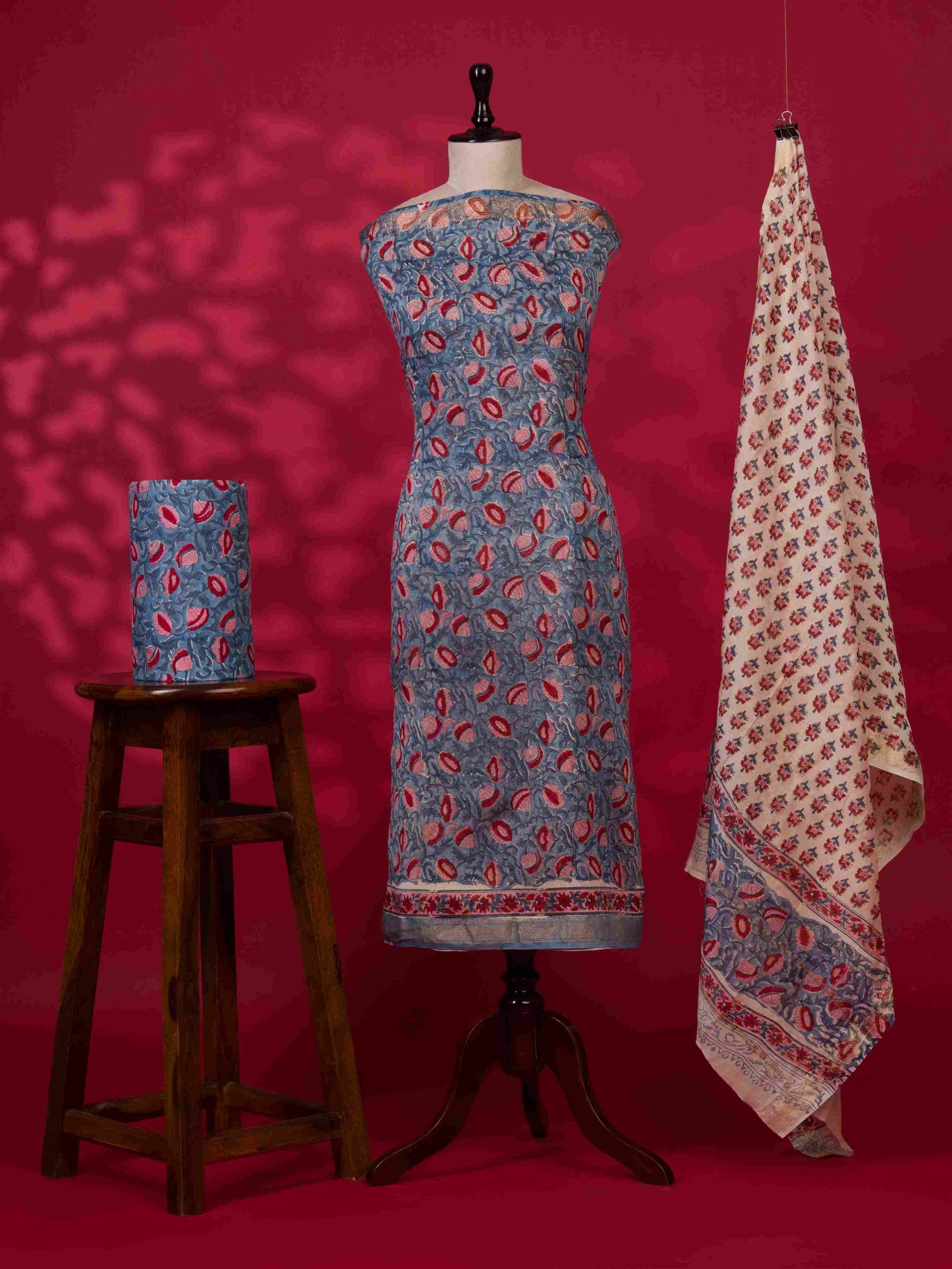Sanganeri printed Maheshwari Silk Suit Set