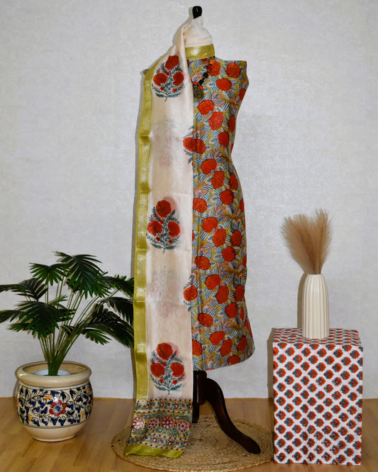 Sanganeri printed Maheshwari Silk Suit Set