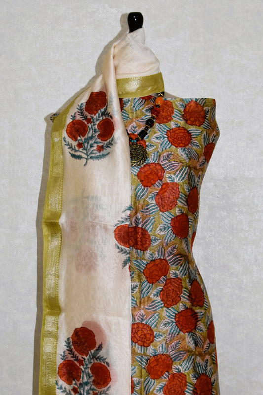 Sanganeri printed Maheshwari Silk Suit Set