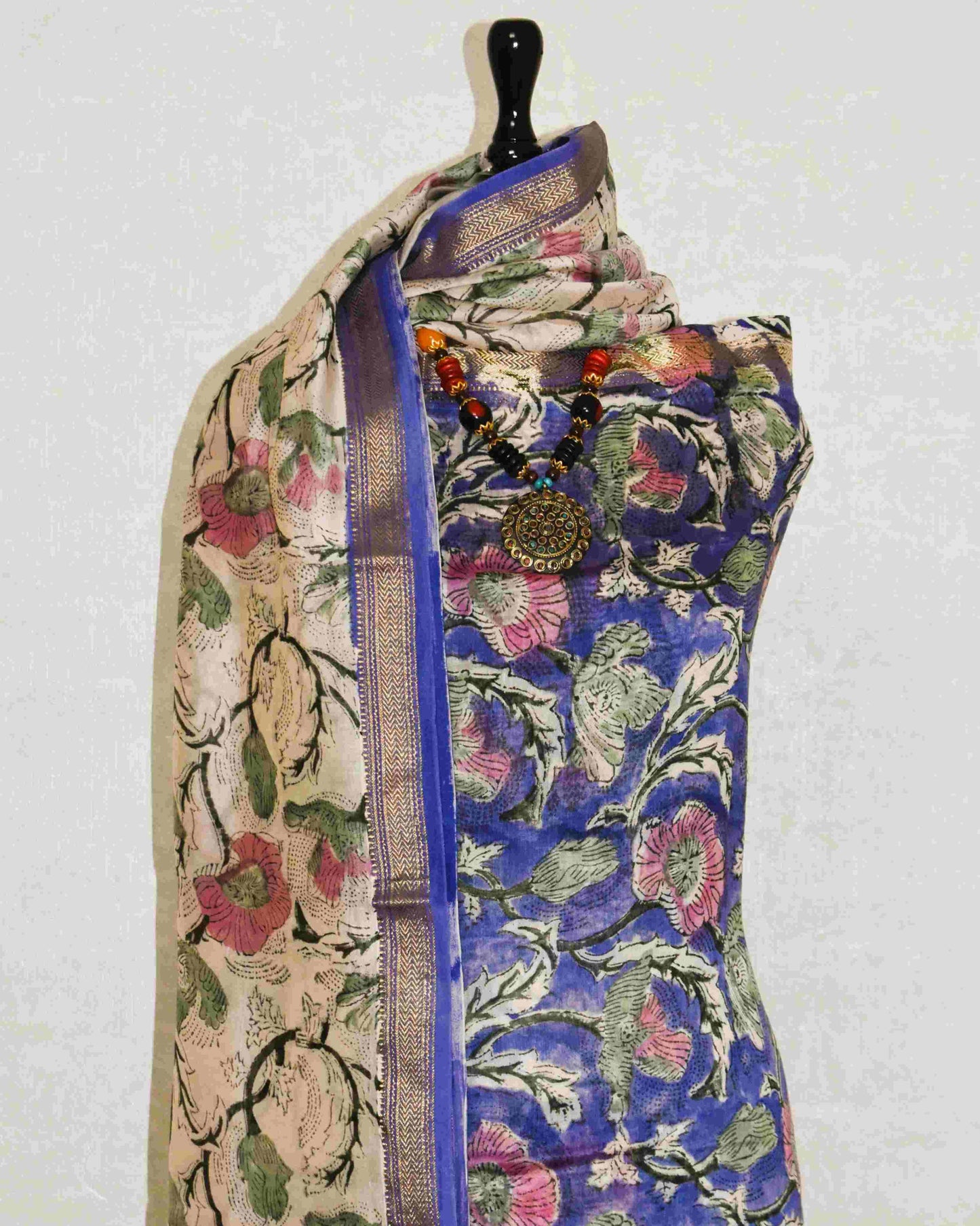 Sanganeri printed Maheshwari Silk Suit Set