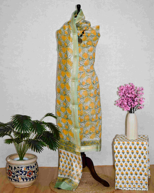 Sanganeri printed Maheshwari Silk Suit Set