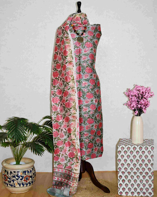 Sanganeri printed Maheshwari Silk Suit Set