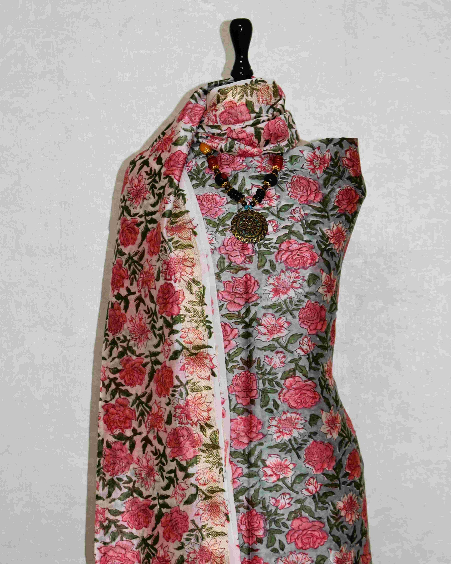 Sanganeri printed Maheshwari Silk Suit Set