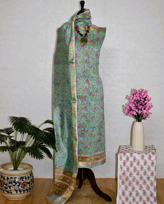 Sanganeri printed Maheshwari Silk Suit Set