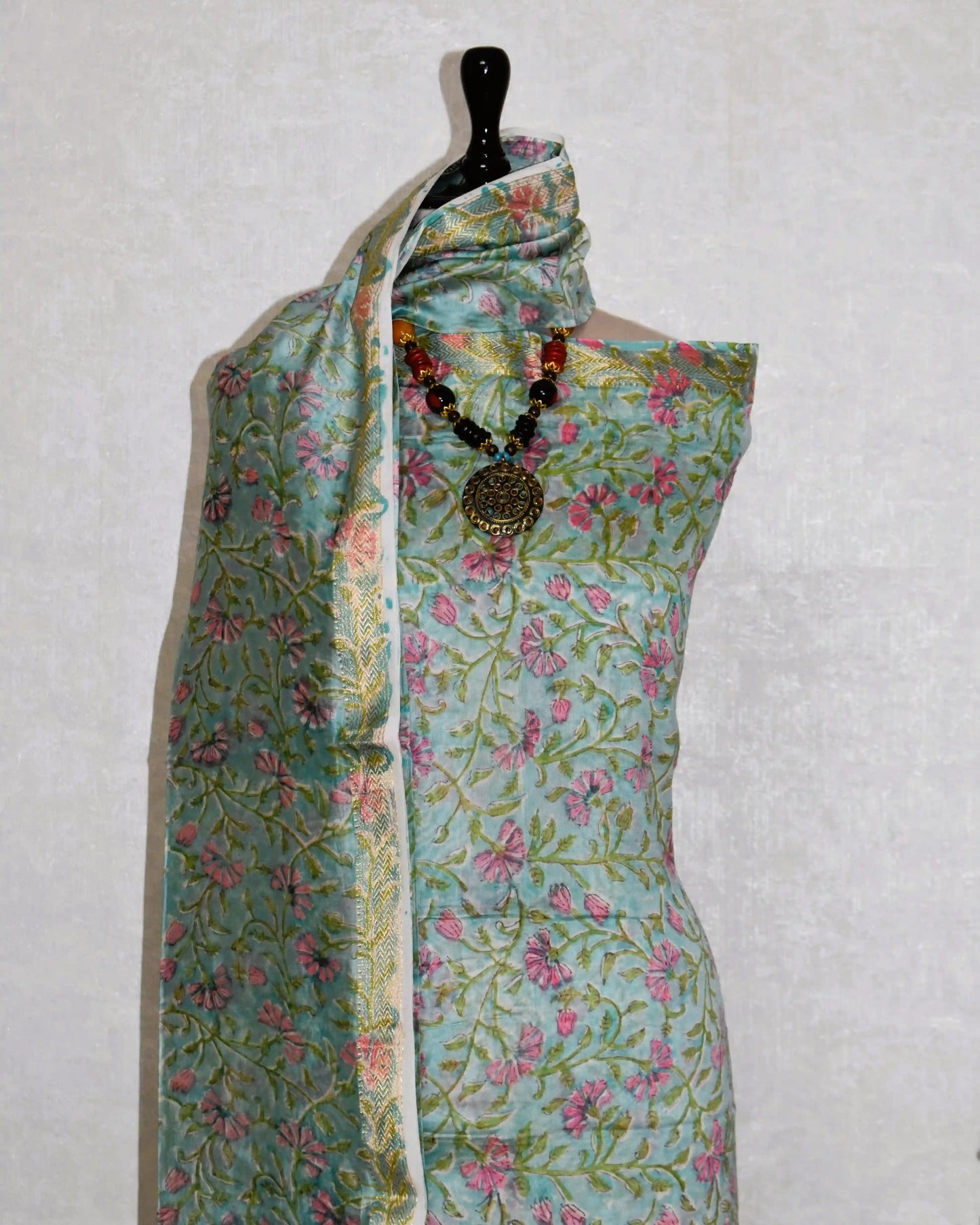 Sanganeri printed Maheshwari Silk Suit Set