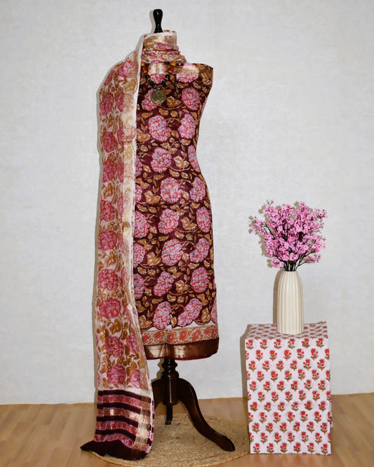 Sanganeri printed Maheshwari Silk Suit Set