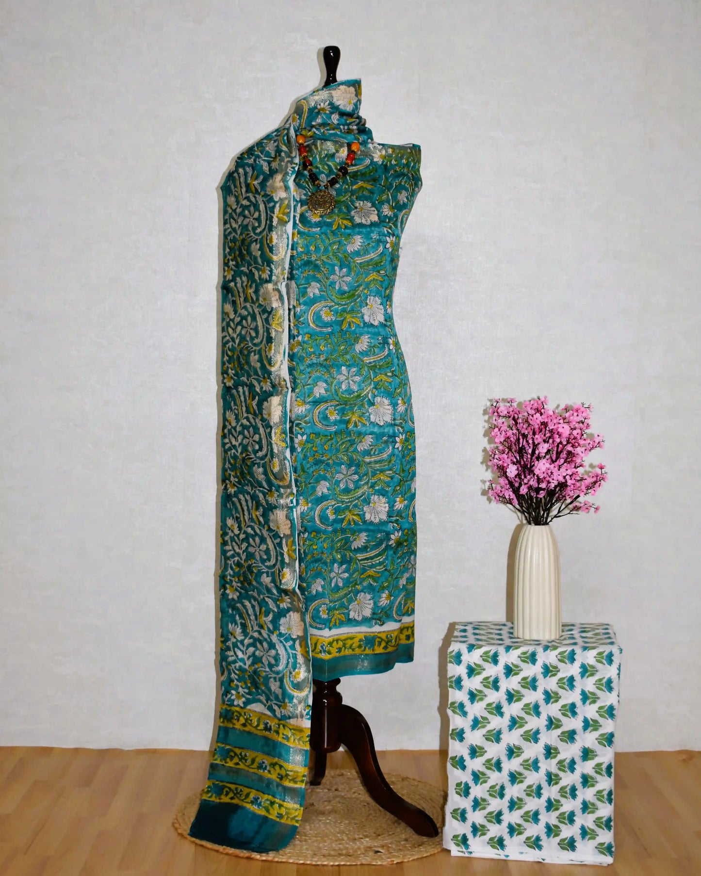 Blue-Green All-over Floral Sanganeri printed Maheshwari Silk Suit Set