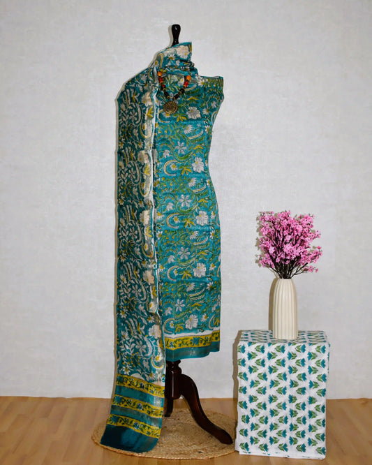 Blue-Green All-over Floral Sanganeri printed Maheshwari Silk Suit Set