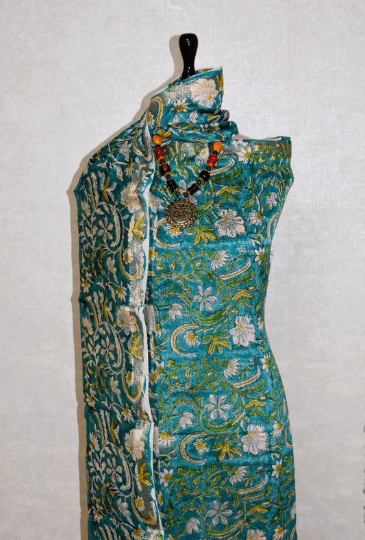 Blue-Green All-over Floral Sanganeri printed Maheshwari Silk Suit Set