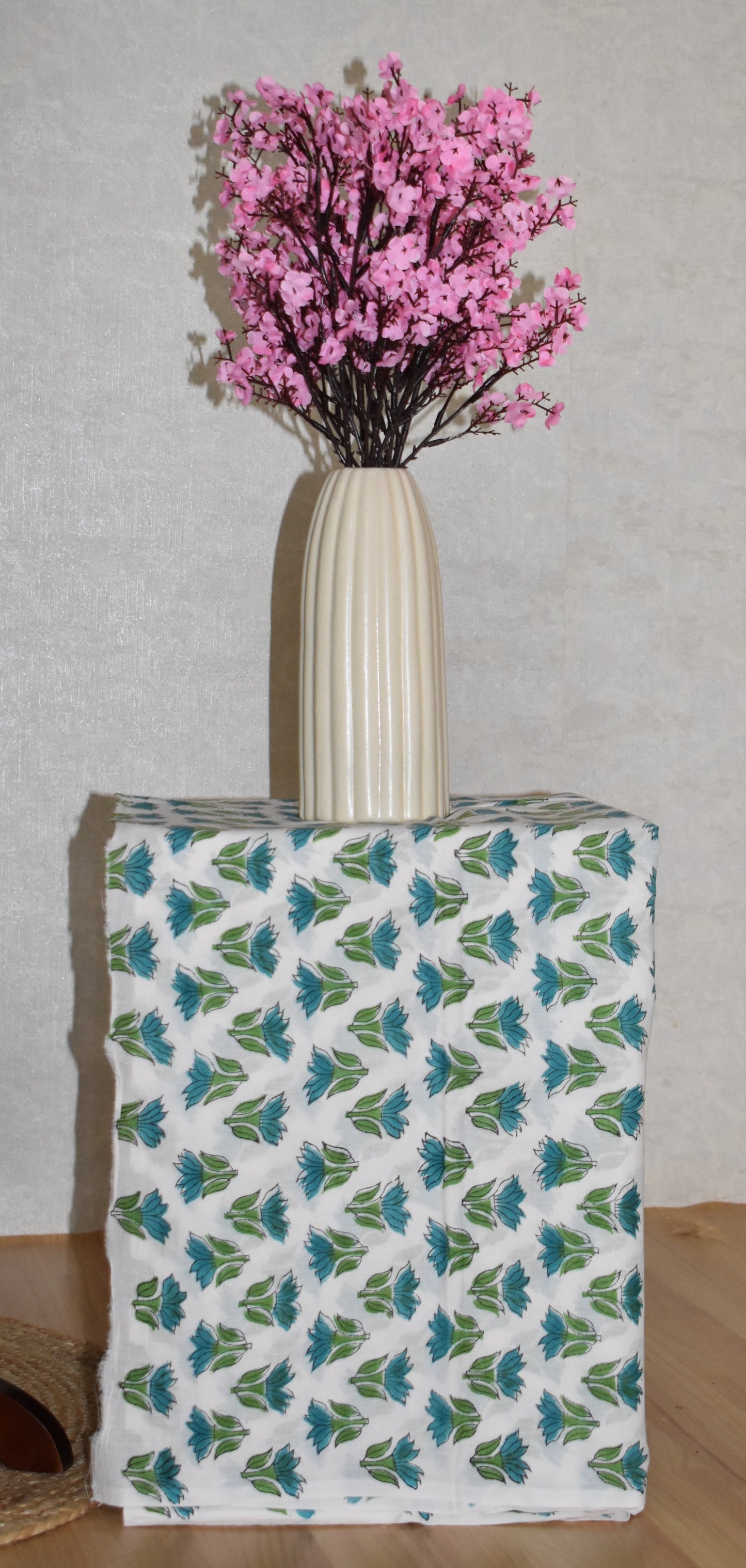 Blue-Green All-over Floral Sanganeri printed Maheshwari Silk Suit Set