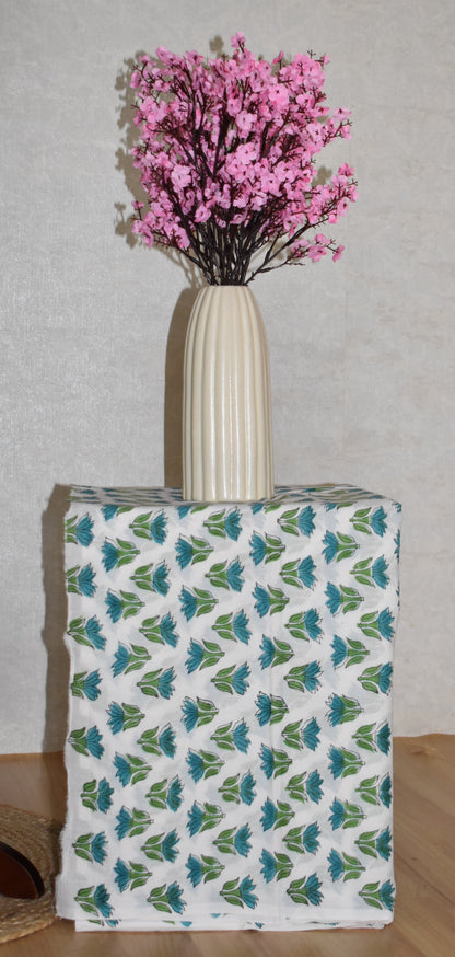 Blue-Green All-over Floral Sanganeri printed Maheshwari Silk Suit Set