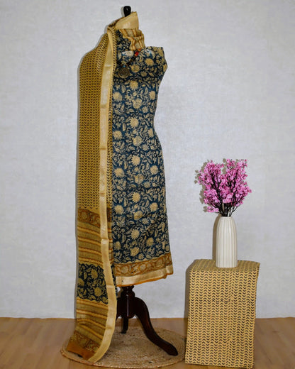 Mud-toned Sanganeri Floral print on Blue-Green Maheshwari Silk Suit Set