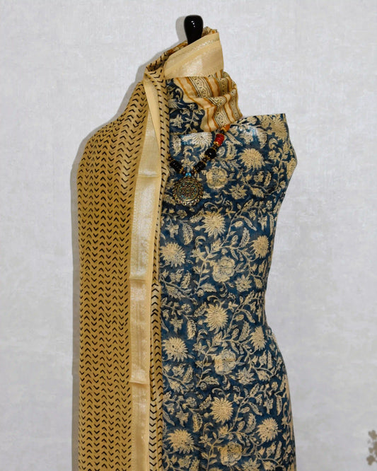 Mud-toned Sanganeri Floral print on Blue-Green Maheshwari Silk Suit Set
