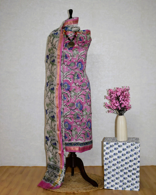 Dusty Pink Sanganeri Floral print Maheshwari Silk Suit Set