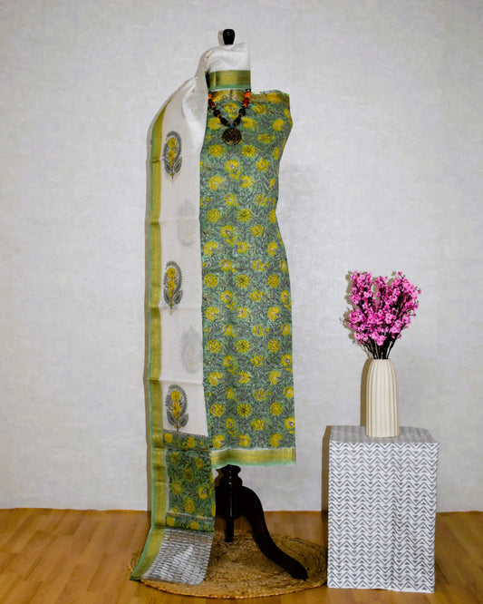 Leafy Green Sanganeri Floral print Maheshwari Silk Suit Set