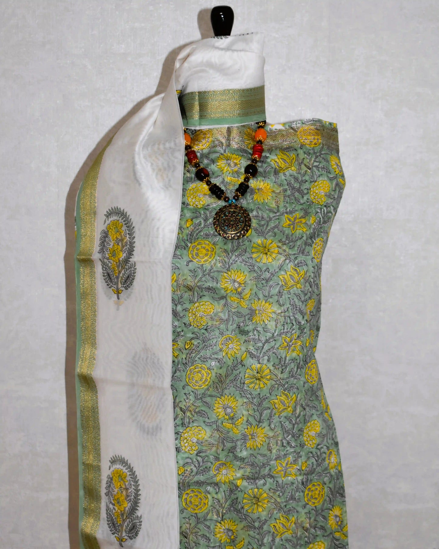 Leafy Green Sanganeri Floral print Maheshwari Silk Suit Set