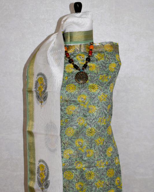 Leafy Green Sanganeri Floral print Maheshwari Silk Suit Set
