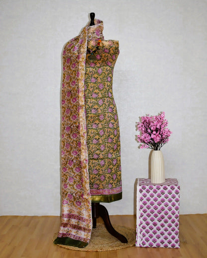 Olive Green Sanganeri Floral print Maheshwari Silk Suit Set