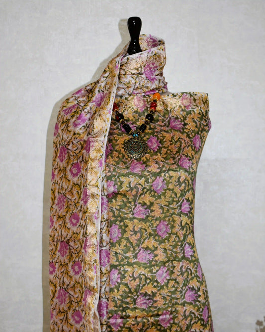 Olive Green Sanganeri Floral print Maheshwari Silk Suit Set